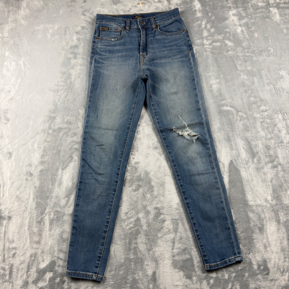Polo Ralph Lauren Tompkins Skinny High Rise Ankle Jeans Blue Distressed Size 26
